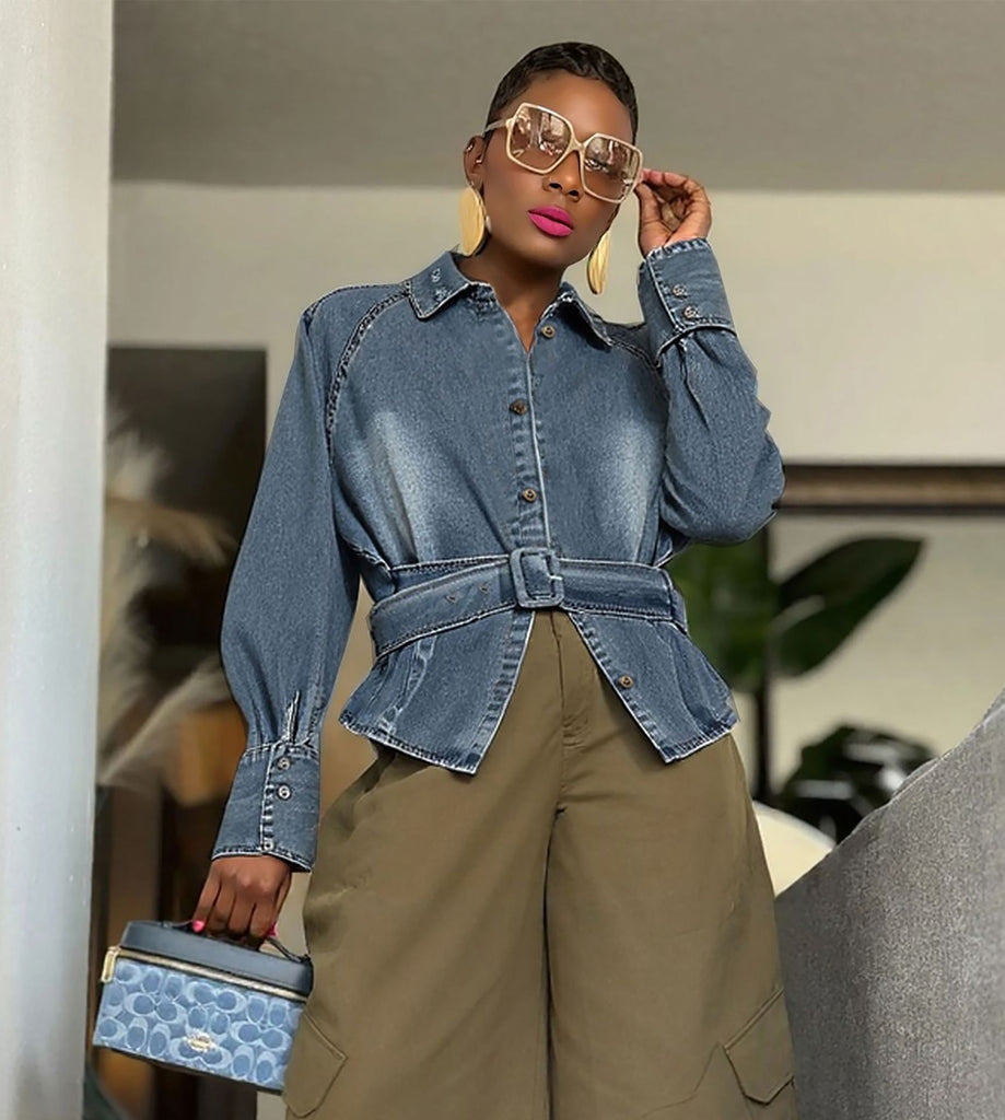 Women Ruffled Bat Sleeves Washed Denim Jacket