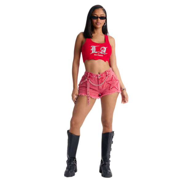 Studded Star Embroidered Stretch Denim Shorts for Summer Casual Wear