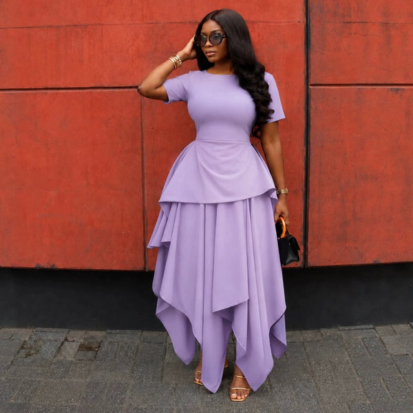 Round Neck Short Sleeve Irregular Maxi Dress for Fall
