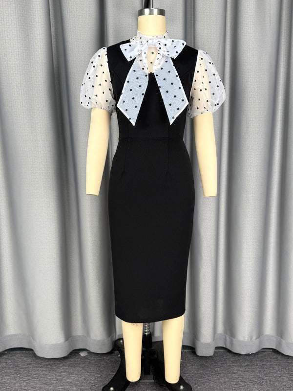 Plus Size Polka Dot Tulle Sleeve Bow Bodycon Dress for Evening Parties