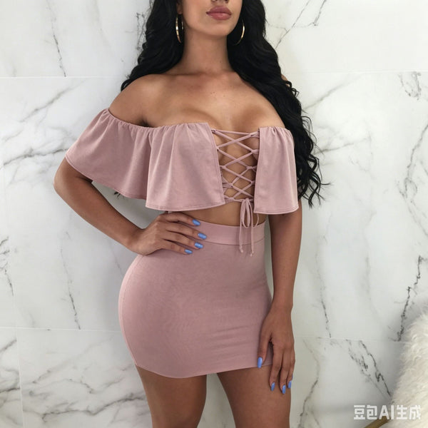 Solid Lace-Up Ruffle Top & Bodycon Mini Skirt Set for Parties