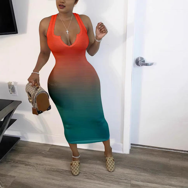 V-Neck Gradient Color Dress for Evening Parties