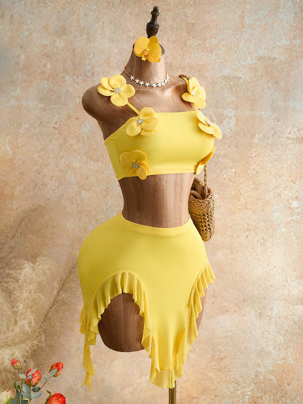 Strap Ruffled Asymmetrical Two-Piece Skirt Set for Evening Wear