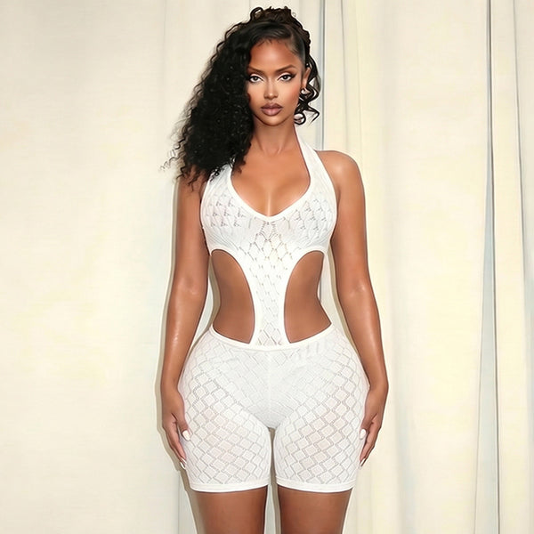 Solid Hollow-Out Halter Lace-Up Backless Romper for Club Nights