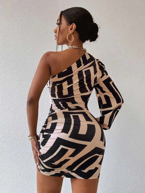 Women Spring/Summer Geometric Print One-Shoulder Dress