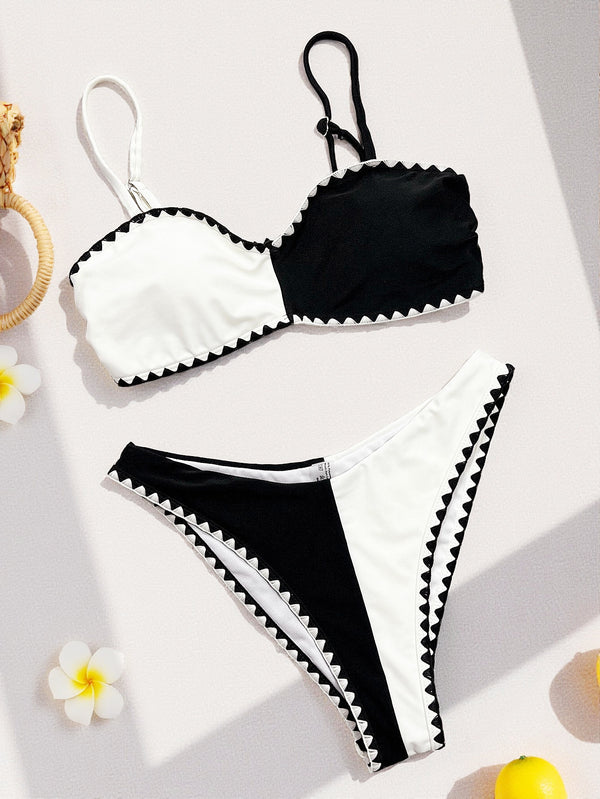 Black & White Colorblock Strapless Two-Piece Bikini Swimsuit