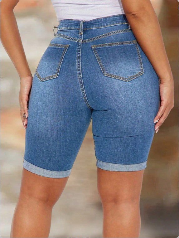 Ripped Stretchy Rolled Hem Denim Shorts for Casual Wear