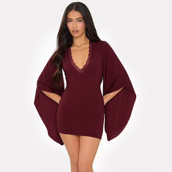 Solid Ruffle Bell Bottom Long Sleeve Dress for Autumn Casual Wear