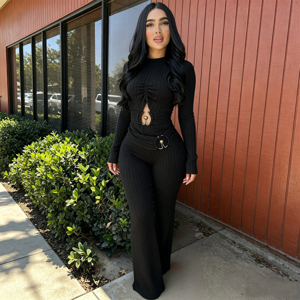 Ribbed Hollow-Out Long-Sleeve Bell Bottom Jumpsuit for Casual Wear