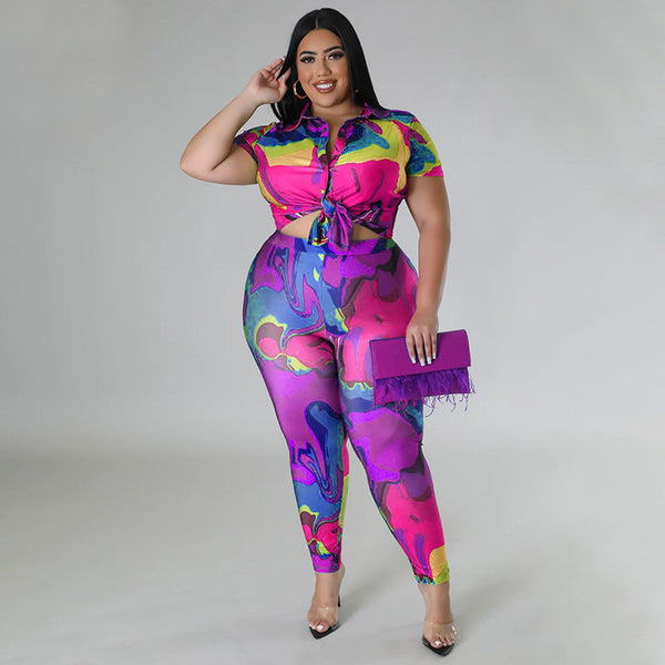 Plus Size Printed Short Sleeve Shirt & Trousers Set for Summer Casual