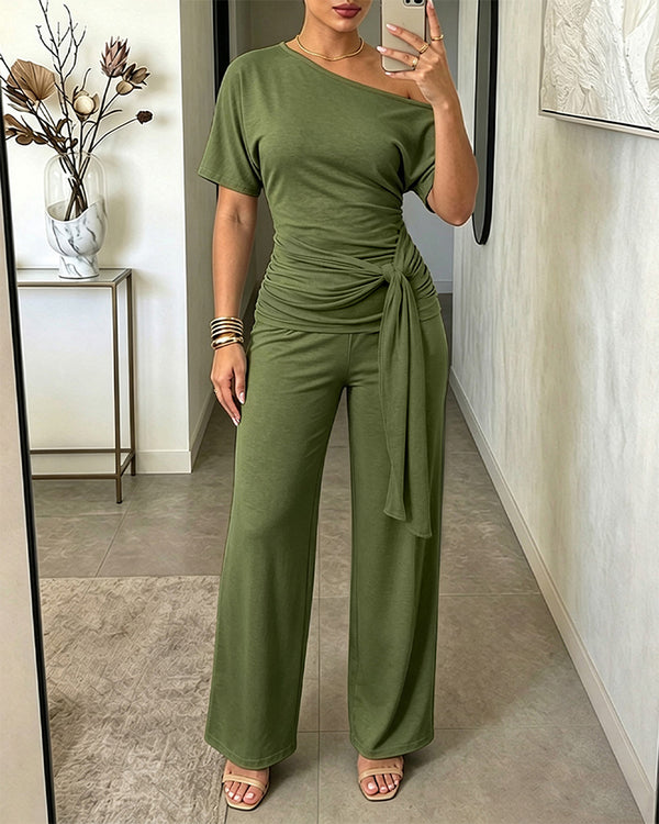 Slash-Shoulder Tie Top & Wide-Leg Pants Two-Piece Set