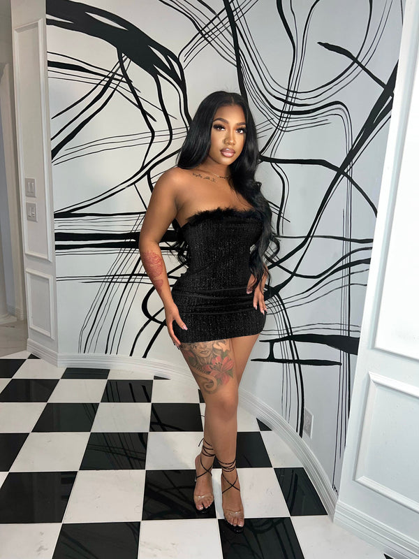 WomenVelvet fake fur Off Shoulder Mini Dress