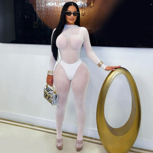 Shiny See-Through Seamless Tight Fit Jumpsuit for Club Wear