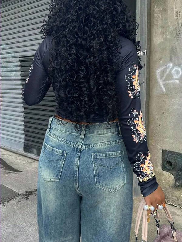 Printed Round Neck Long Sleeve Top for Casual Wear