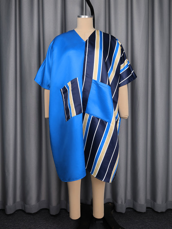 African Stripes V-Neck Bat Sleeve Satin Maxi Dress