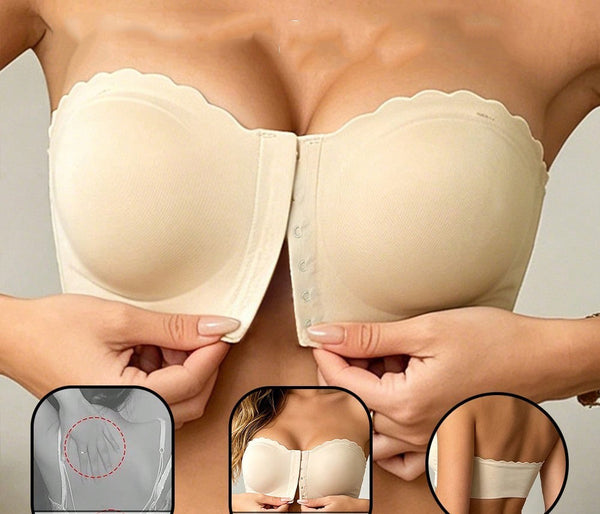 Black Front-Closure Non-Slip Strapless Wireless Bra