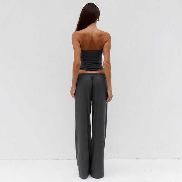 Solid Strapless Top & Pants Two-Piece Set for Summer Casual