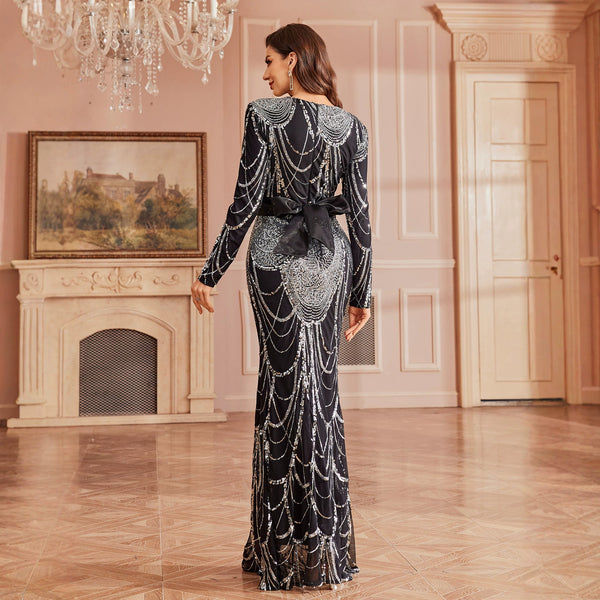 Sequin V-Neck Long Sleeve Bodycon Evening Dress for Formal Parties