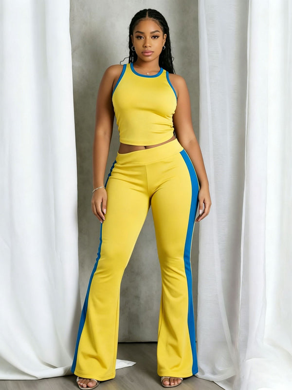 Side Striped Vest Top & Bell Bottom Pants Set for Casual Wear