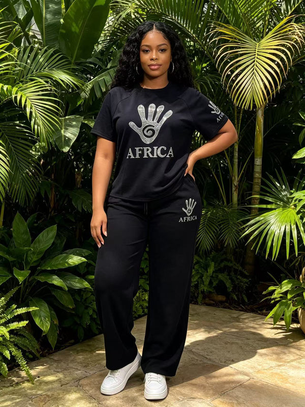 Plus Size African Palm Beaded Short Sleeve Top & Wide-Leg Pants Set