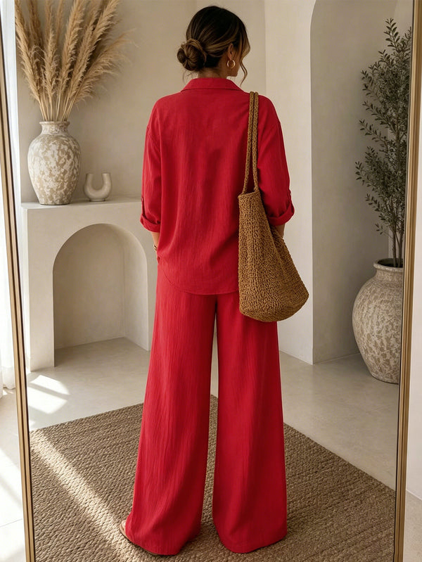 Solid Loose-Fit Turndown Collar Button-Up Long-Sleeve Shirt & Drawstring Pants Set for Autumn Casual