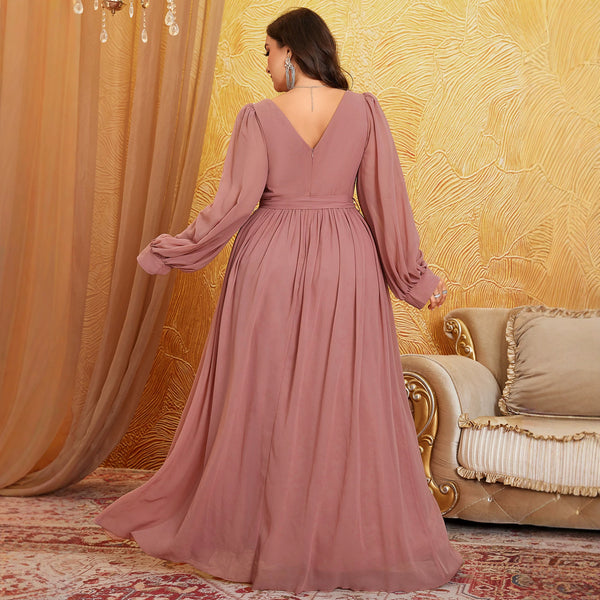 Plus Size Solid Long Sleeve Formal Gown for Evening Events