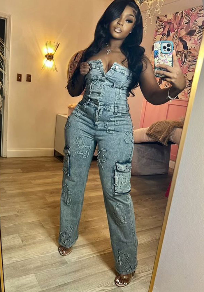 Strapless Embroidered Elastic Denim Jumpsuit for Casual Outings