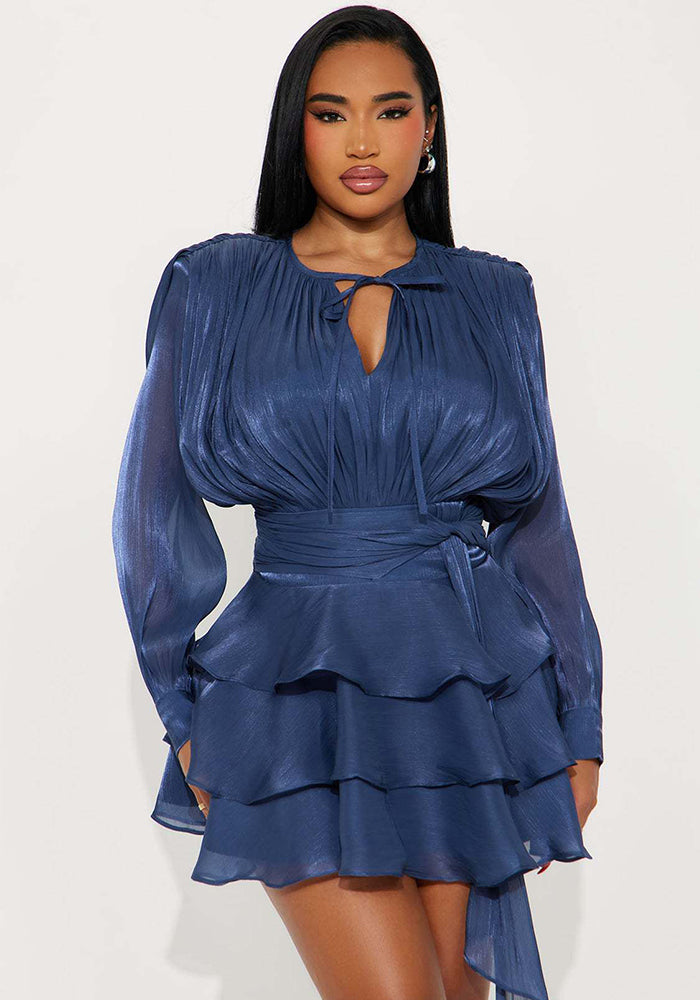 Lace-Up Pleated Ruffle Mini Dress for Evening Parties