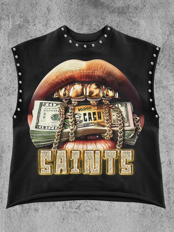 Lip Print Studded Casual Vest for Spring & Autumn