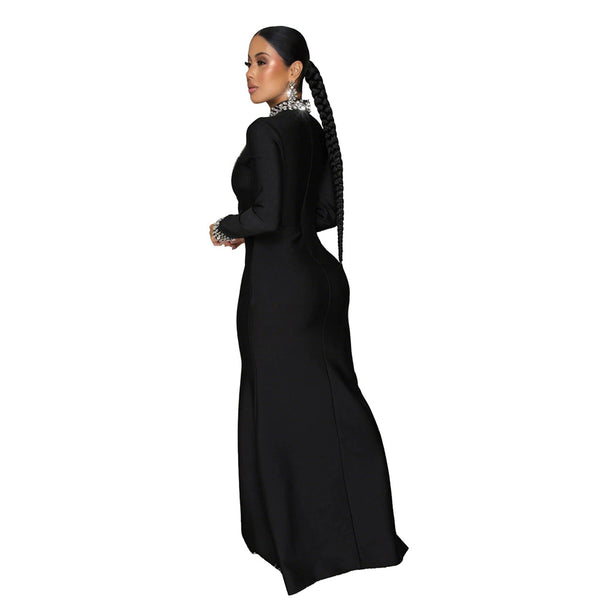 High Neck Long Sleeve Slit Beaded Maxi Dress for Evening Parties