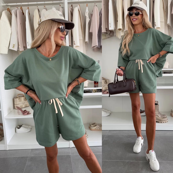 Casual Round Neck T-Shirt & Tie-Up Shorts Two-Piece Set