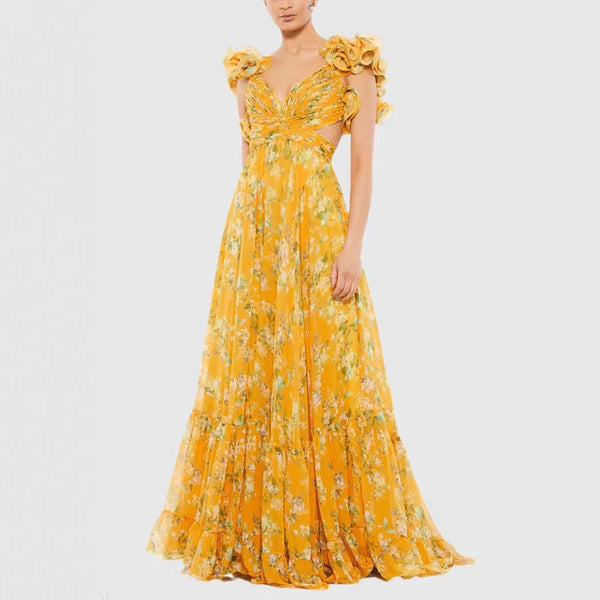Pleated Chiffon Printed Dress for Spring/Summer Holiday Parties