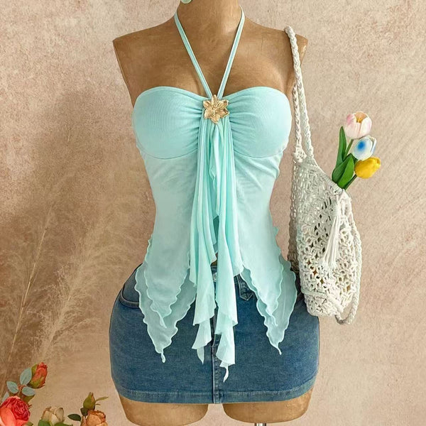 Plus Size African Camisole Halter Asymmetrical Ruffled Top