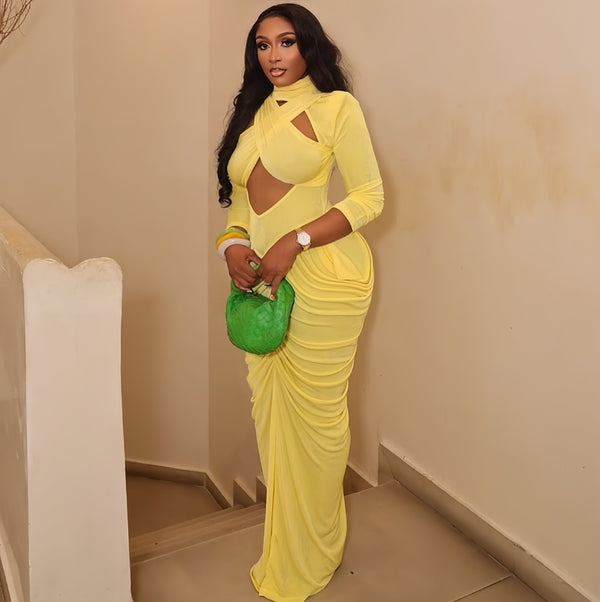 Solid Long Sleeve Stand Collar Hollow Ruched Maxi Dress