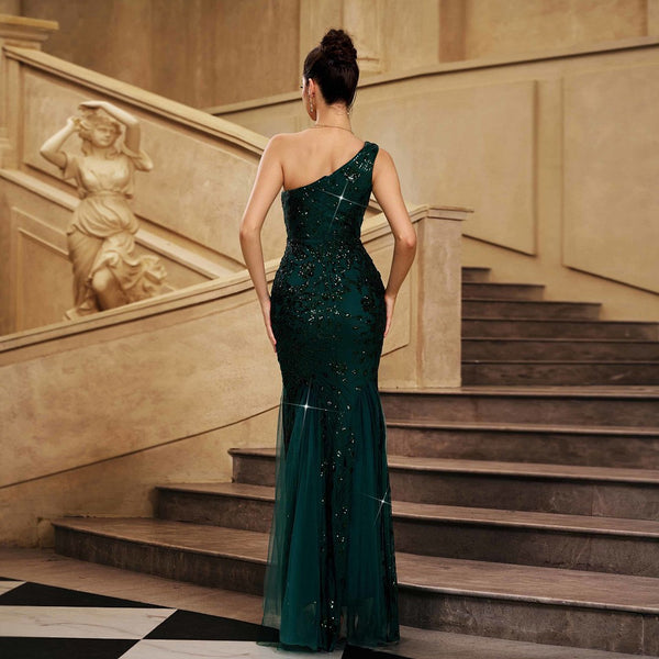 Sequin Mesh Slash Shoulder Sleeveless Evening Dress for Formal Parties