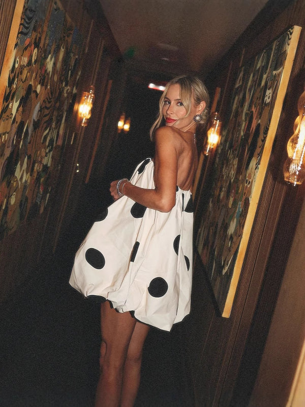 Polka Dot Bubble Strapless Flowy Mini Dress for Summer Parties