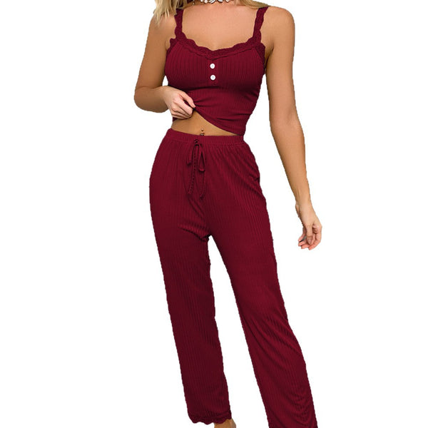 Lace Trim Camisole & Pants Two-Piece Pajama Lounge Set