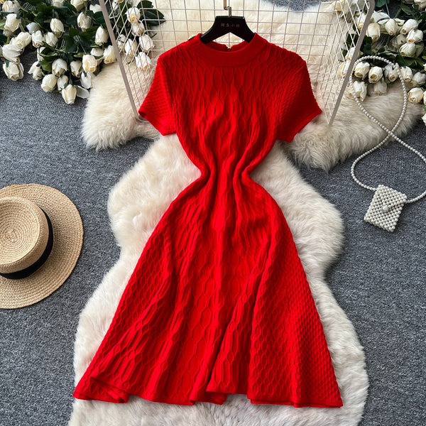 Red Knitted Short Sleeve Slim-Fit High-Waisted A-Line Dress for Summer Career Wear