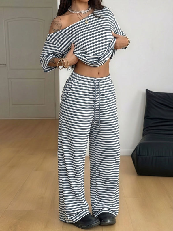 Off-Shoulder Half-Sleeve Top & Wide Leg Pants Set for Summer Casual