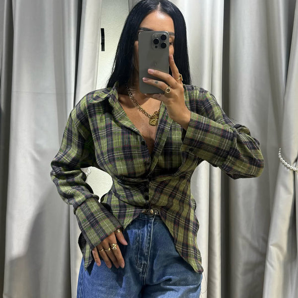Plaid Turndown Collar Long Sleeve Irregular Shirt for Casual Wear