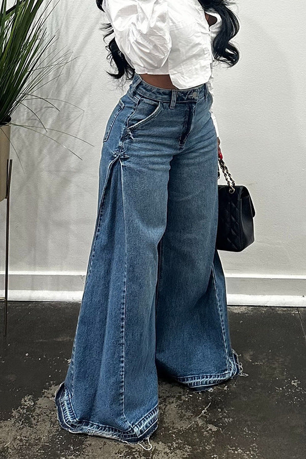 Women's Y2K Blue Washed Patchwork Fringe Wide-Leg Bell Bottom Denim Pants