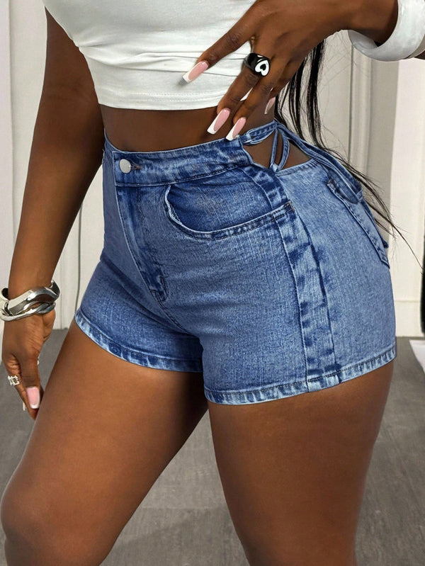 High Waist Hollow Out Lace-Up Denim Shorts for Summer