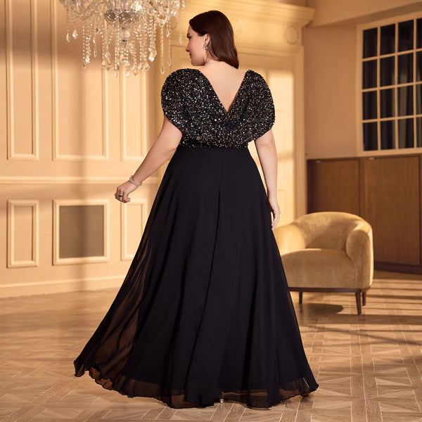 Plus Size Women V-Neck Black Sequin Formal Party Elegant Evening Dress