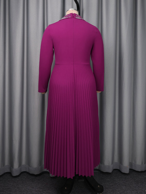 Plus Size Turndown Collar Pleated Long Dress for Career & Events