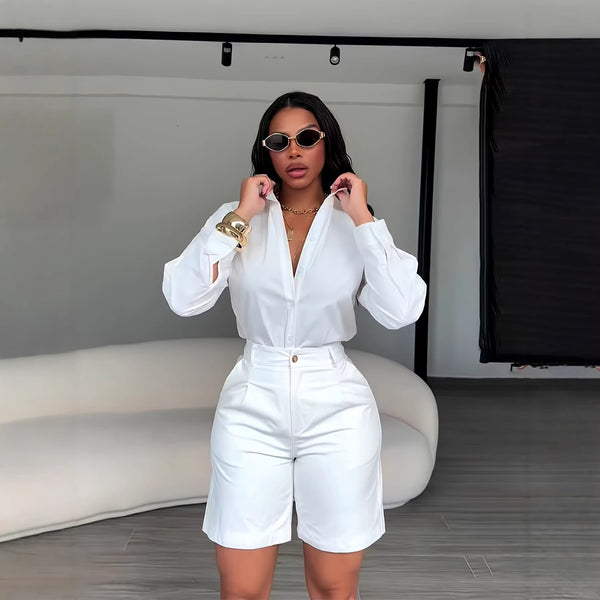 Solid Turndown Collar Long Sleeve Shirt & Shorts Set for Summer Casual