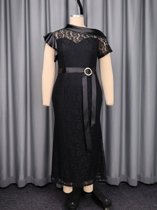 Plus Size Black Lace Rhinestone Mermaid Dress for Evening Parties