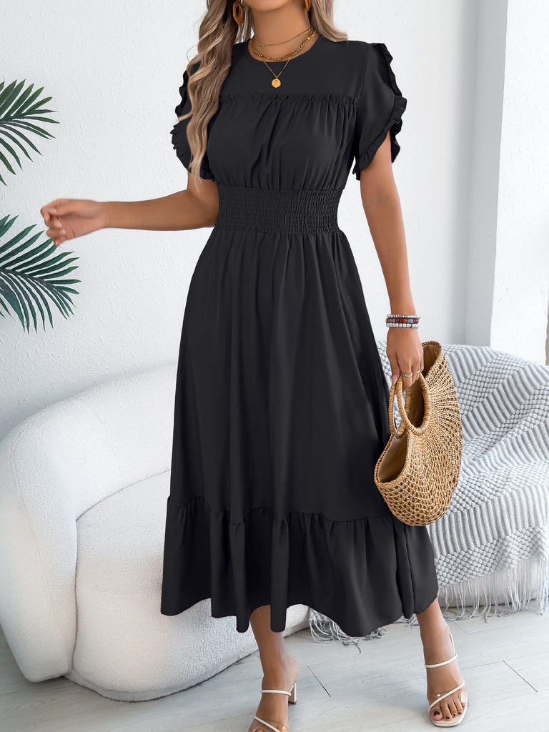 Women ruffle edge short-sleeved maxi dress