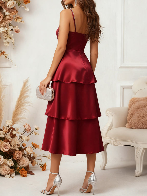 Women Sexy Cascading Ruffles Green Slit One-Shoulder Sequin Strap Dress