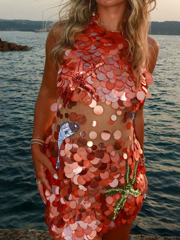 Sequin Embroidery See-Through Halter Neck Low Back Bodycon Mini Dress for Clubwear