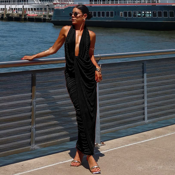 Women Summer V-Neck Sexy Sleeveless Halter Neck Backless Patchwork Dress
